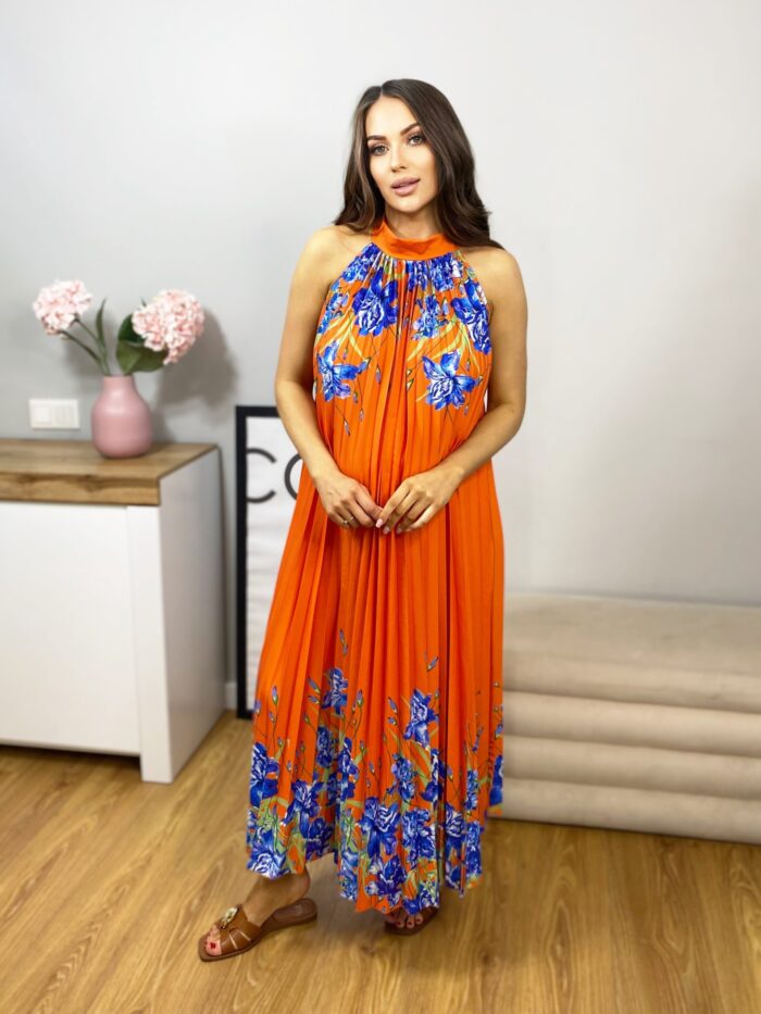 Sukienka Maxi Plisowana Print Kwiaty Paradise Pomarańczowa - obrazek 3