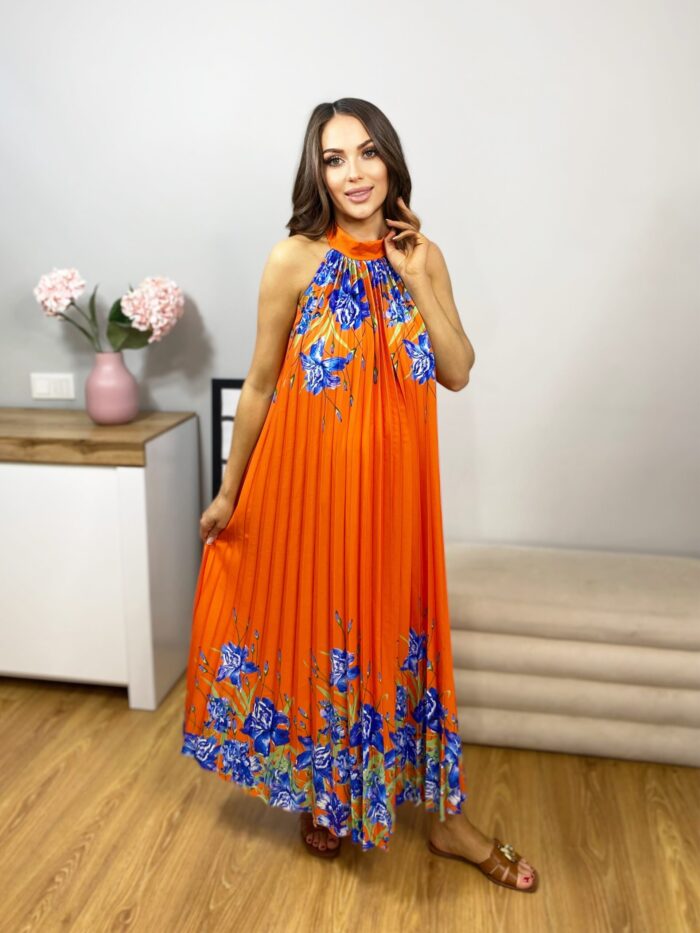 Sukienka Maxi Plisowana Print Kwiaty Paradise Pomarańczowa - obrazek 5