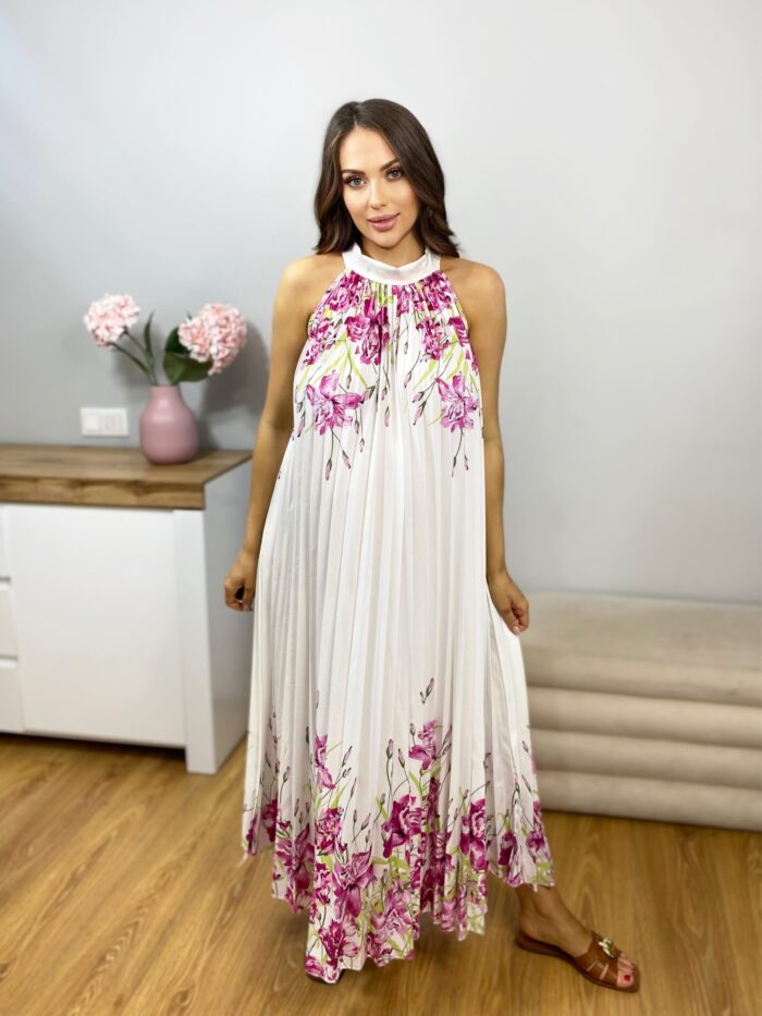 Sukienka Maxi Plisowana Print Kwiaty Paradise Biała - obrazek 3