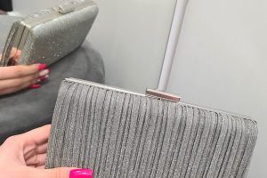 Torebka Wieczorowa Dwustronna Szaro-Złota Brokatowa