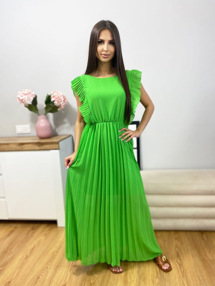 Sukienka Maxi Plisowana z Falbankami Romantico Jasno Zielona - obrazek 4