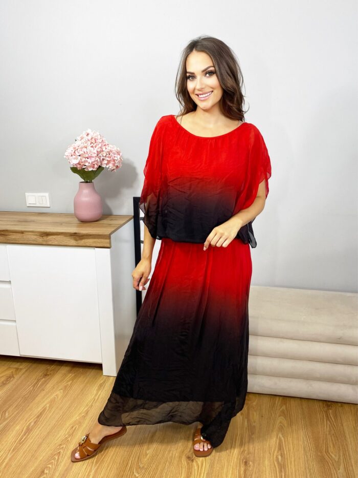 Komplet Bluzka + Spódnica Maxi Ombre Czerwono- Czarny
