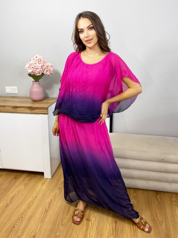 Komplet Bluzka + Spódnica Maxi Ombre Fuksja - Fiolet