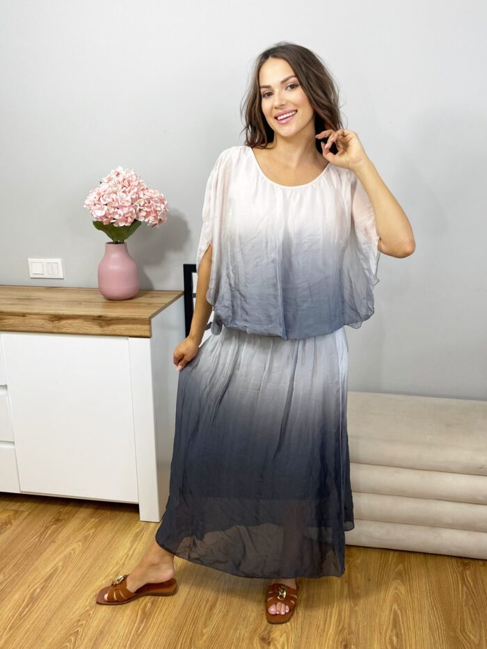 Komplet Bluzka + Spódnica Maxi Ombre Biało- Szary - obrazek 4