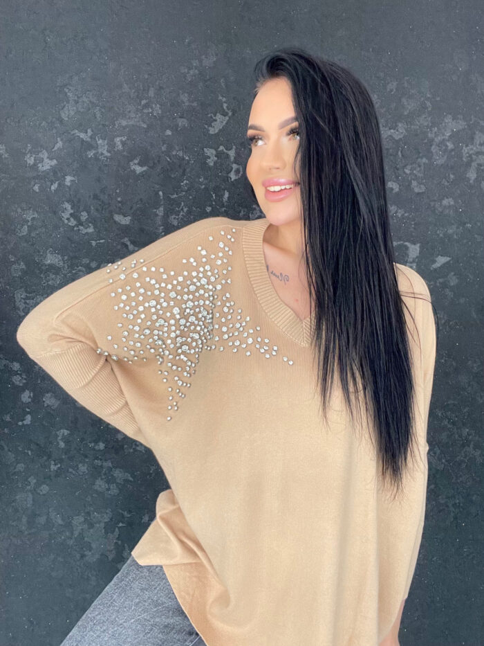Sweter Asymetryczny z Cyrkoniami Star Karmelowy