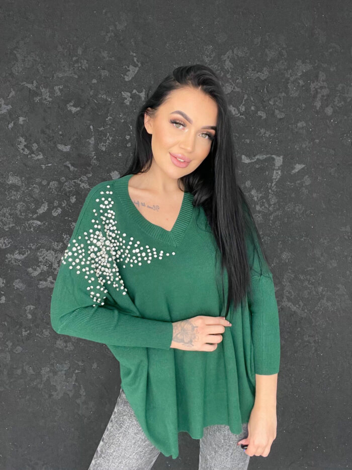 Sweter Asymetryczny z Cyrkoniami Star Butelkowa Zieleń