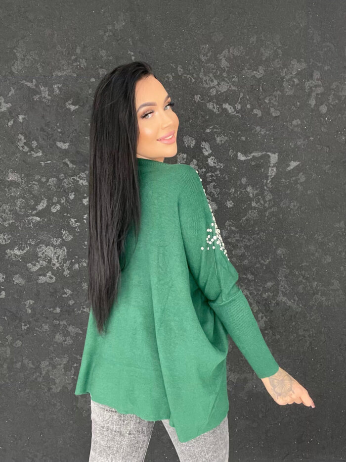 Sweter Asymetryczny z Cyrkoniami Star Butelkowa Zieleń - obrazek 3