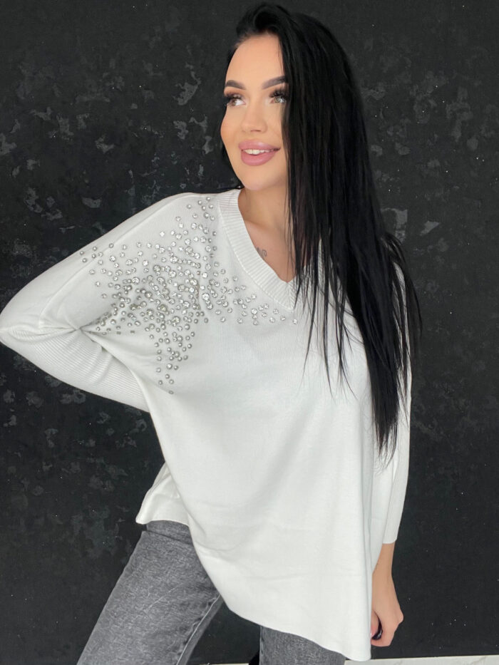 Sweter Asymetryczny z Cyrkoniami Star Biały