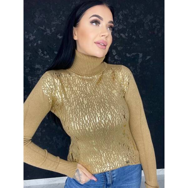 Sweter Z Golfem Dopasowany Letters Karmelowy - obrazek 2
