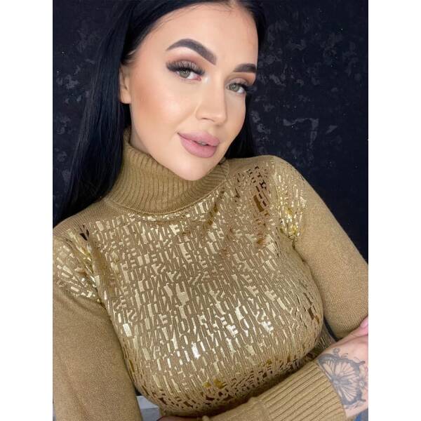 Sweter Z Golfem Dopasowany Letters Karmelowy - obrazek 4