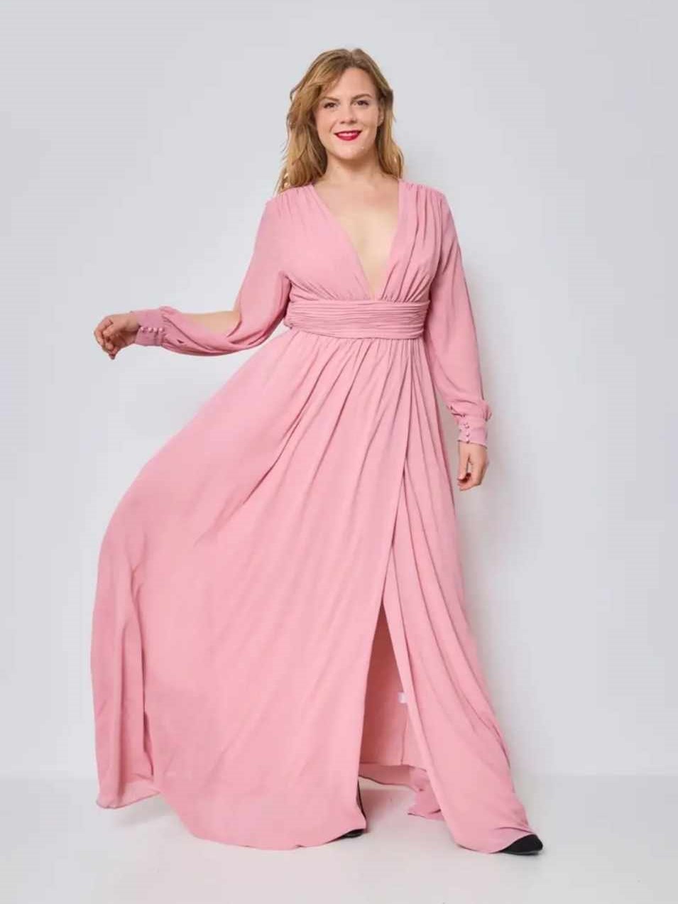 Sukienka z Rękawem Gloria Plus Size Pudrowy Róż