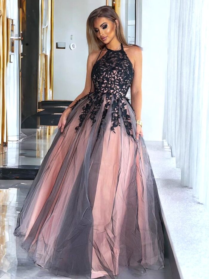 Sukienka Maxi Tiulowa Lolita Czarno Brzoskwiniowa