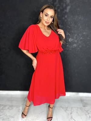 Sukienka Midi Szyfonowa z Rękawkiem Estella Czerwona