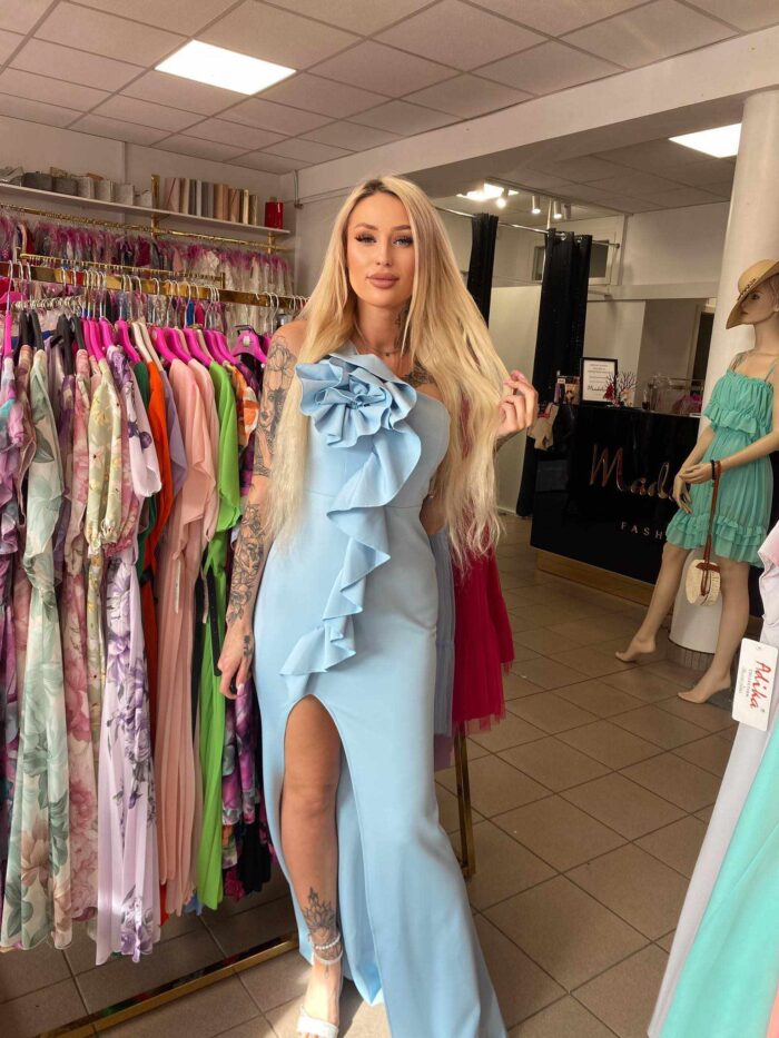 Sukienka Maxi Dopasowana Na Jedno Ramię Janette Błękitna - obrazek 4