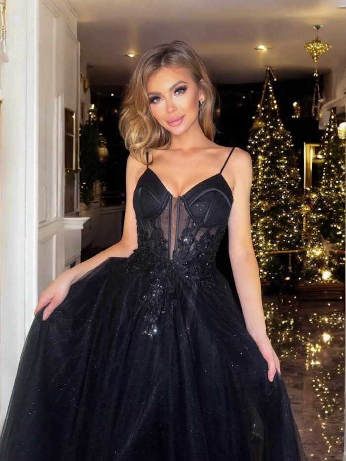 Suknia Maxi Tiulowa Gorsetowa Paradise Czarna - obrazek 4