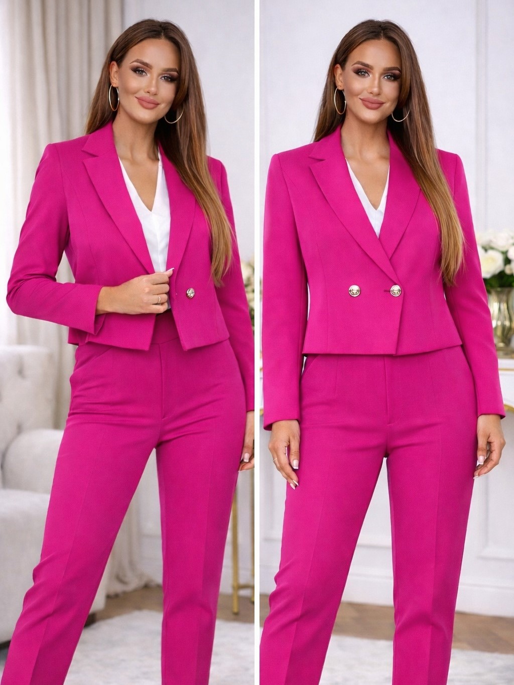 Garnitur Damski Marynarka Na Guzik+Spodnie Fuksja