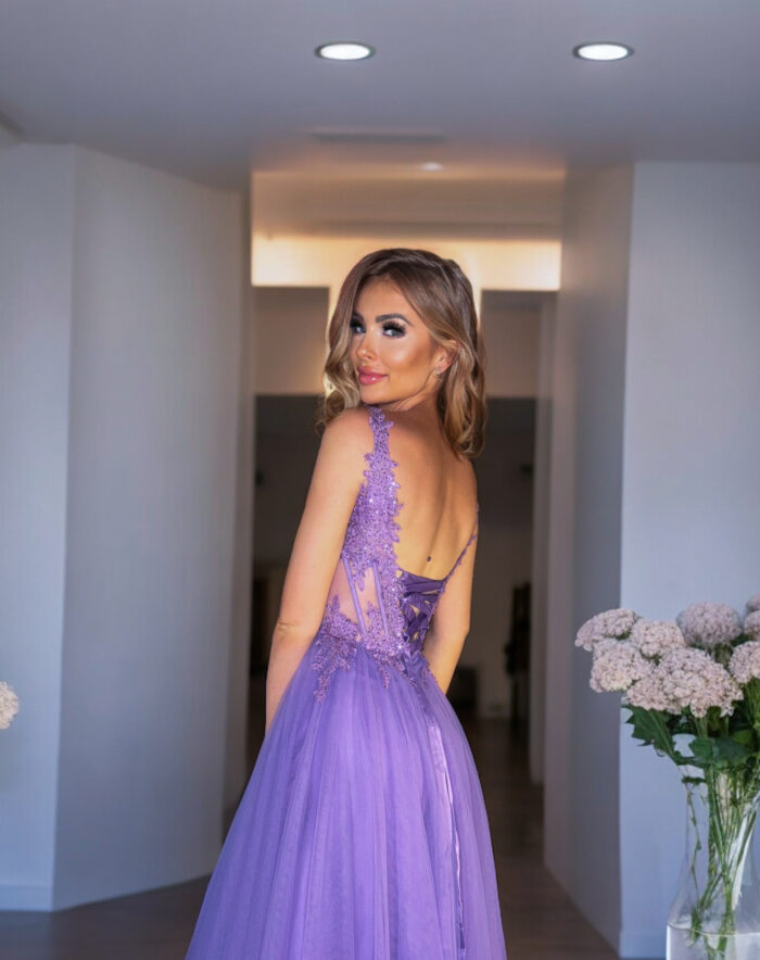 Sukienka Kylie Długa Tiulowa Jagodowa - obrazek 3