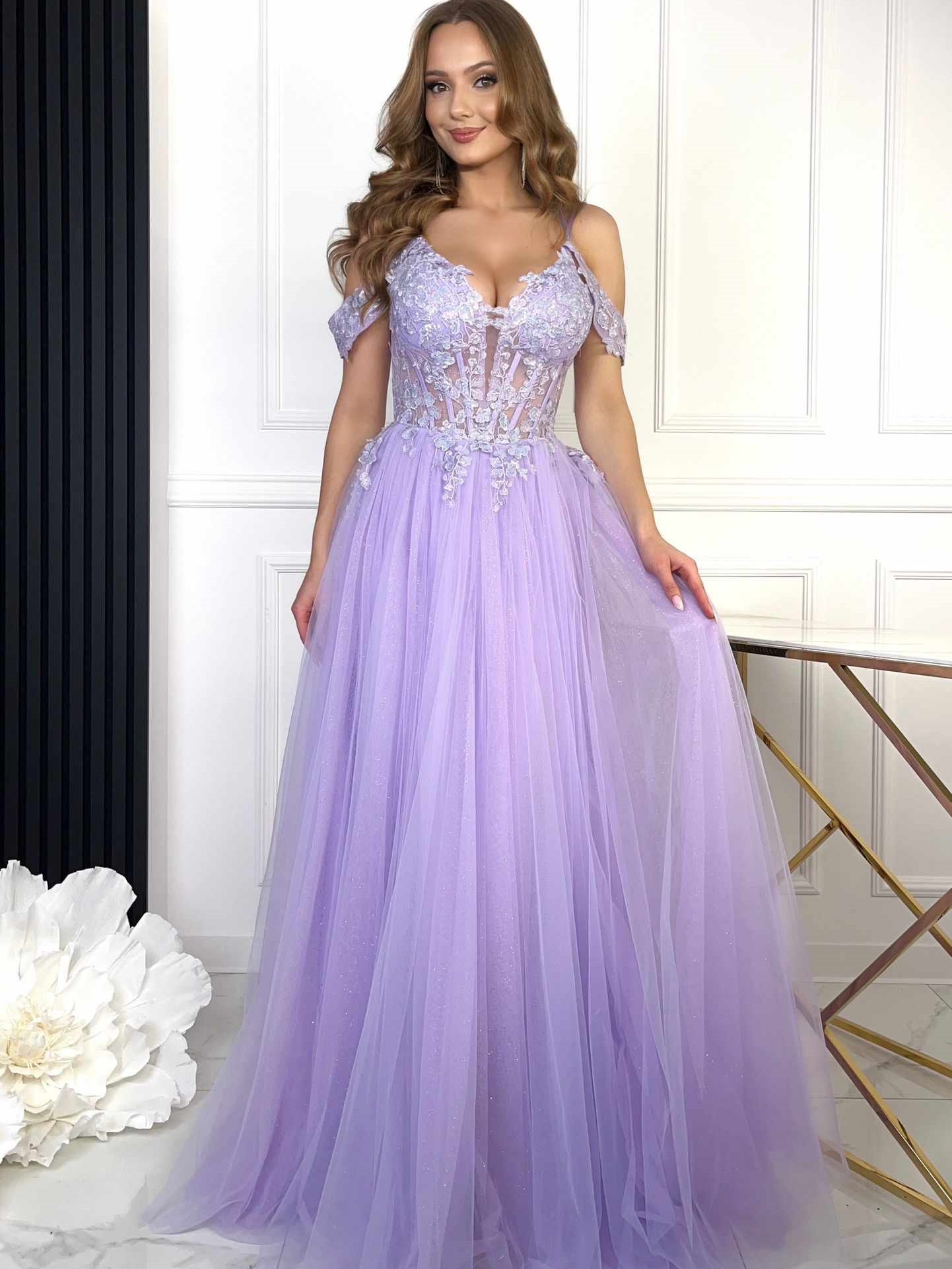 Sukienka Maxi Tiulowa Gorsetowa Inez Lilac