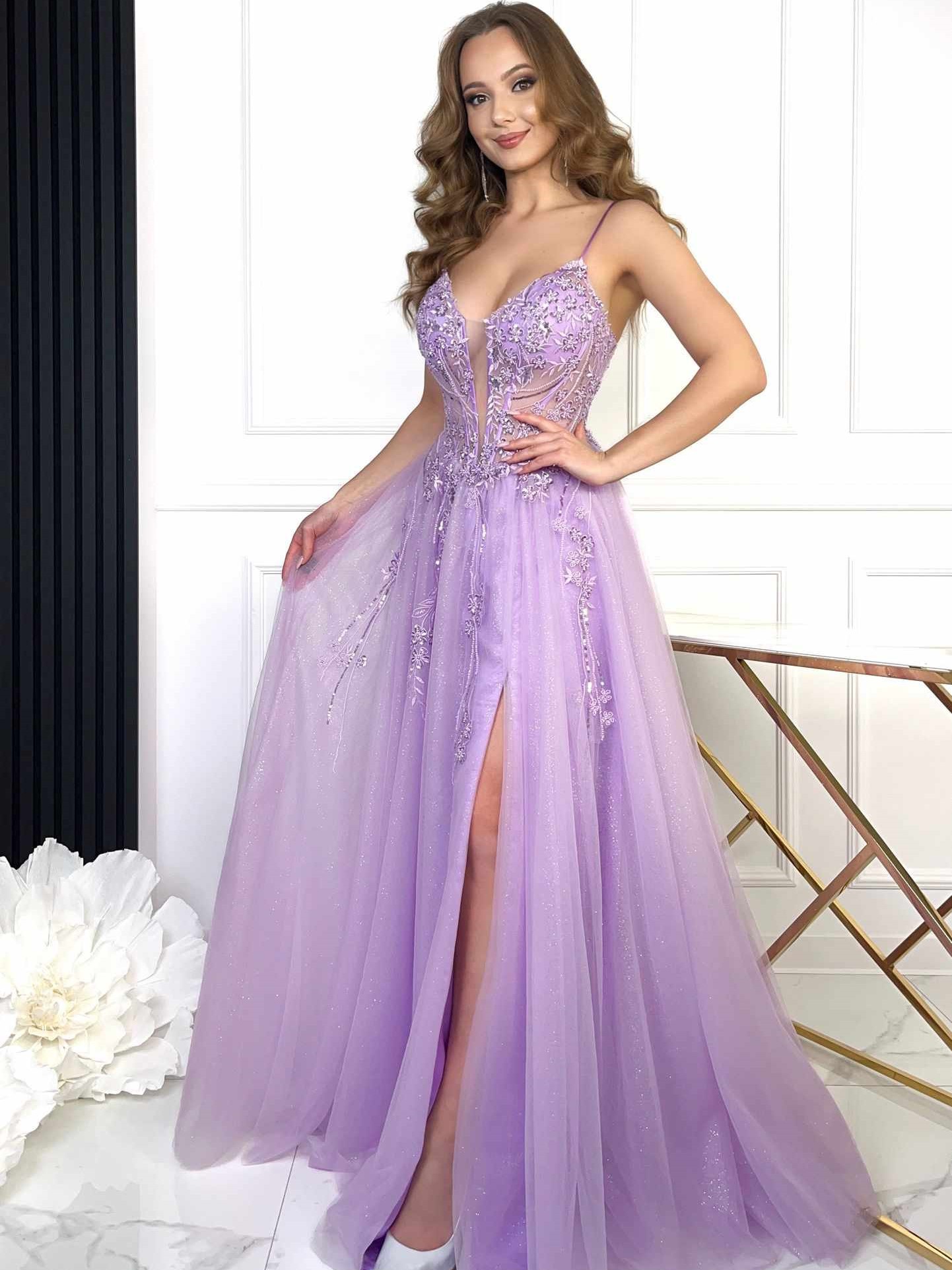Sukienka Tiulowa Na Ramiączkach Latte Lilac