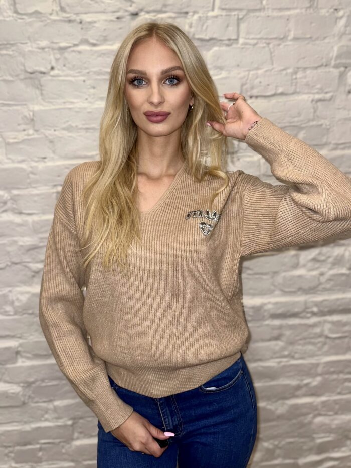 Sweter W Prążek Gładki Mua Karmelowy