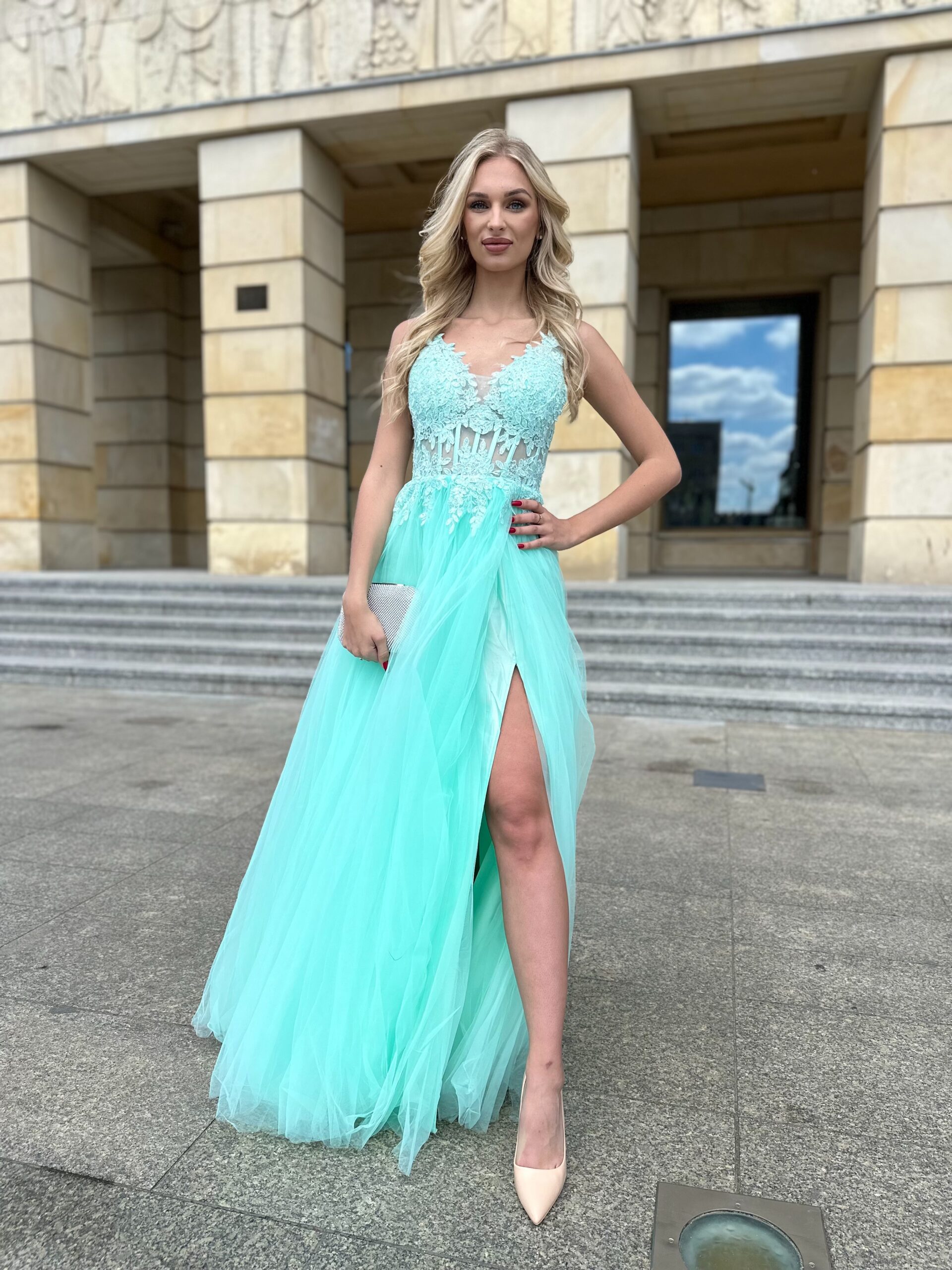 Sukienka Kylie Długa Tiulowa Miętowa