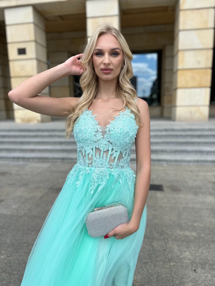 Sukienka Kylie Długa Tiulowa Miętowa - obrazek 5