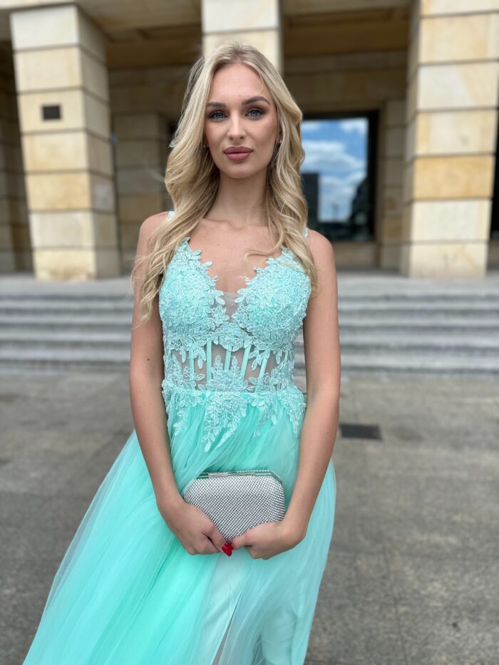 Sukienka Kylie Długa Tiulowa Miętowa - obrazek 2