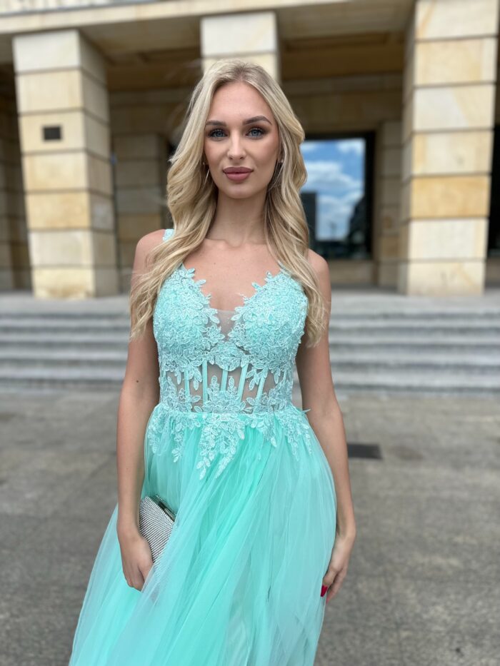 Sukienka Kylie Długa Tiulowa Miętowa - obrazek 3