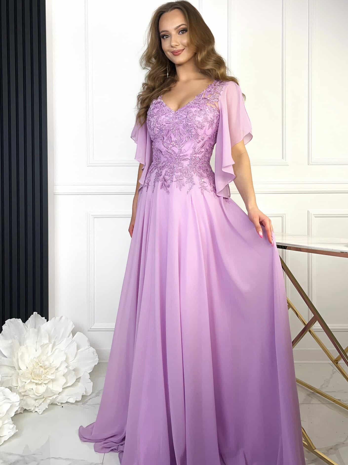 Sukienka Joanna Wieczorowa z Rękawkiem Lilac