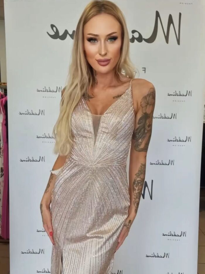 Suknia Wieczorowa Maxi Nova Z Rozcięciem Szampańska