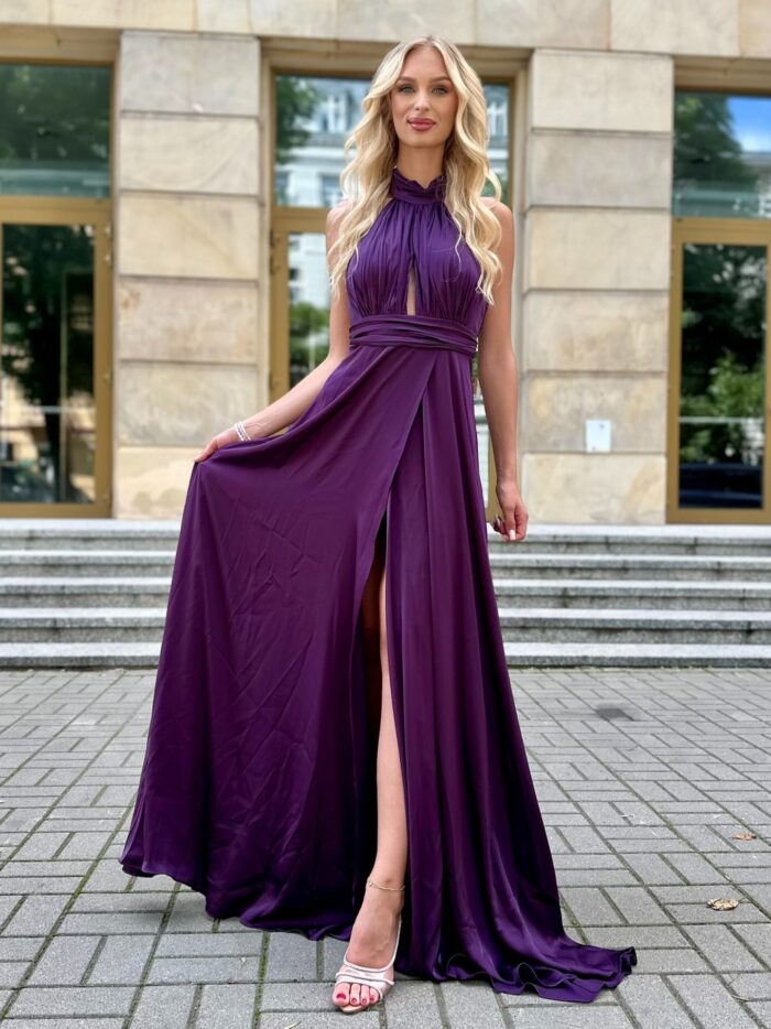 Sukienka Maxi Satynowa Evento Śliwkowa