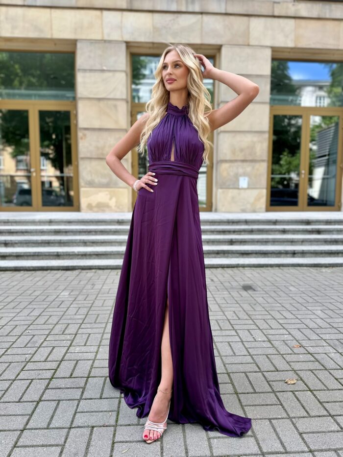 Sukienka Maxi Satynowa Evento Śliwkowa - obrazek 4