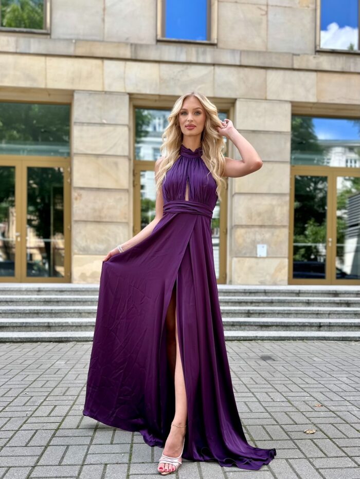 Sukienka Maxi Satynowa Evento Śliwkowa - obrazek 3