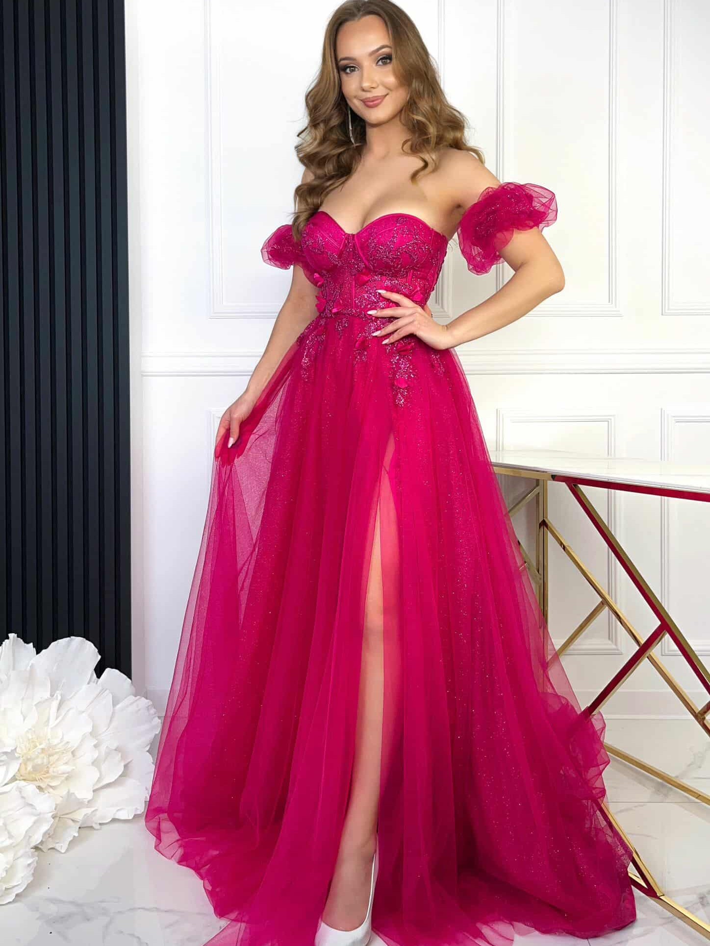 Sukienka Maxi Tiulowa Gorsetowa Vanessa Fuksja
