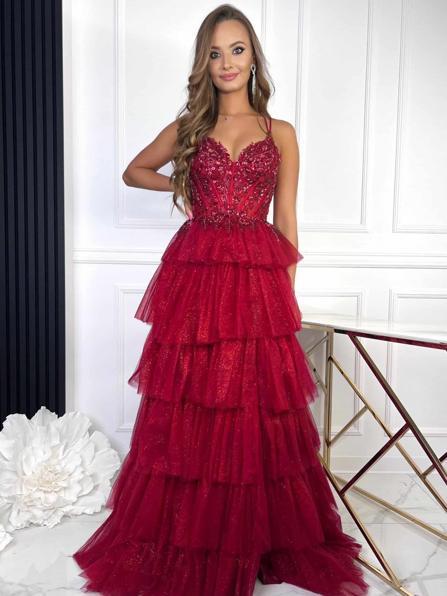 Suknia Maxi Tiulowa Lauren Bordowa