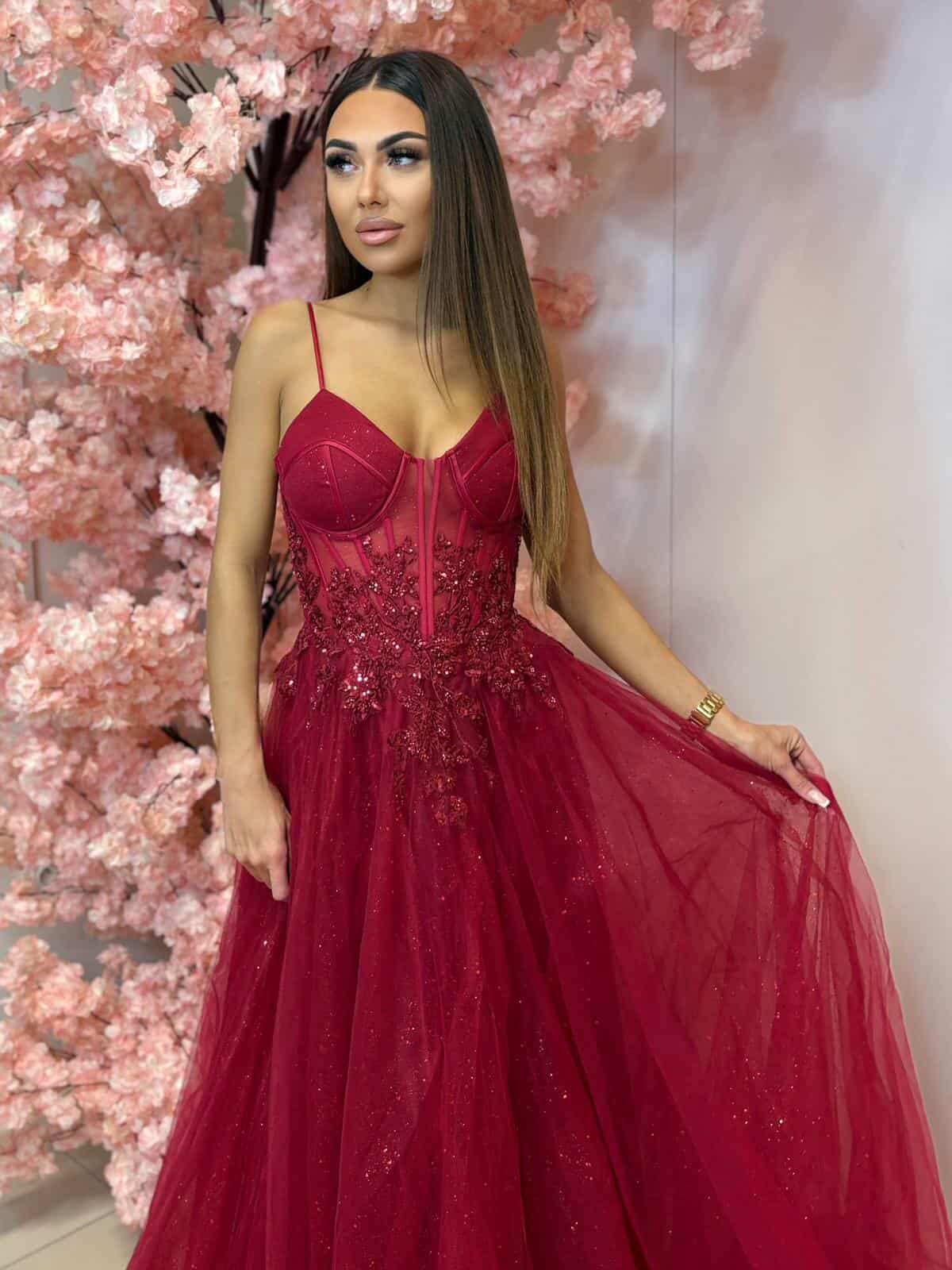 Suknia Maxi Tiulowa Gorsetowa Paradise Bordowa