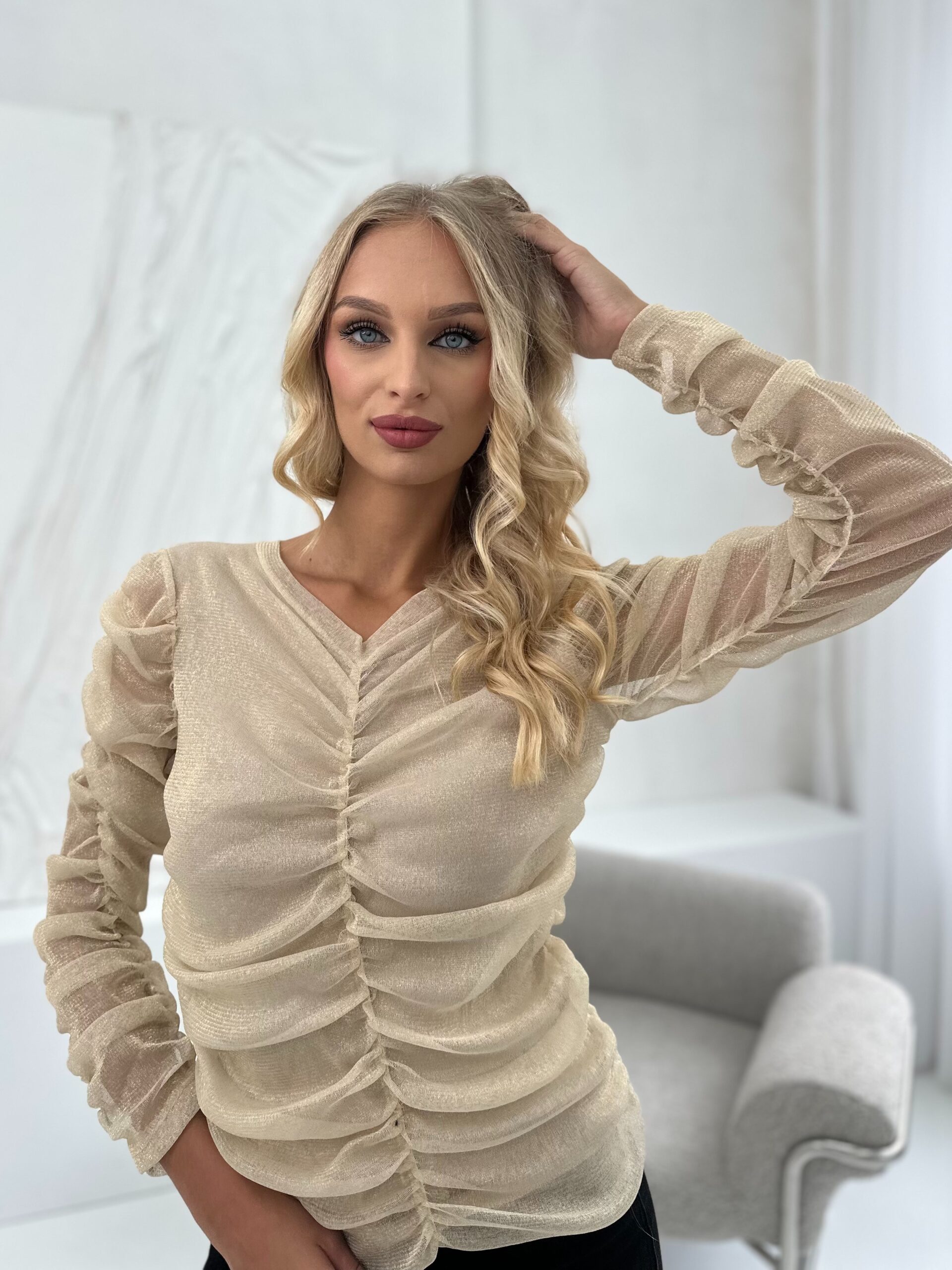 Bluzka Marszczona Z Długim Rękawem Złota 4 Bluzka Marszczona Z Długim Rękawem Złota - obrazek 4