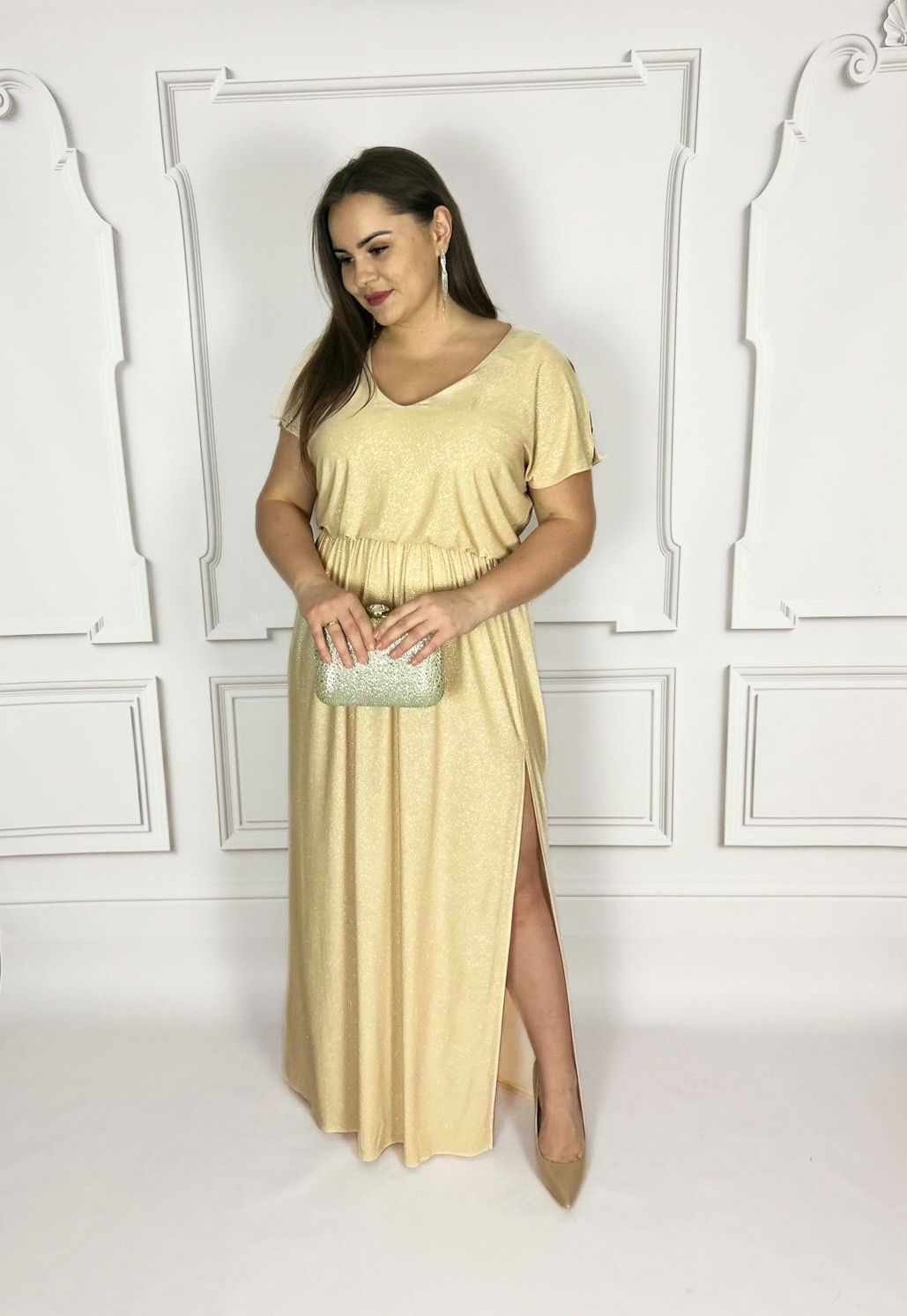 Sukienka Długa Brokatowa Greta Złota 1 Sukienka Długa Brokatowa Greta Złota