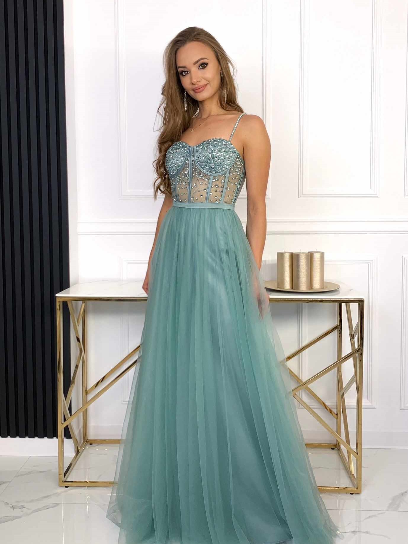 Suknia Maxi Tiulowa Antares Szałwia