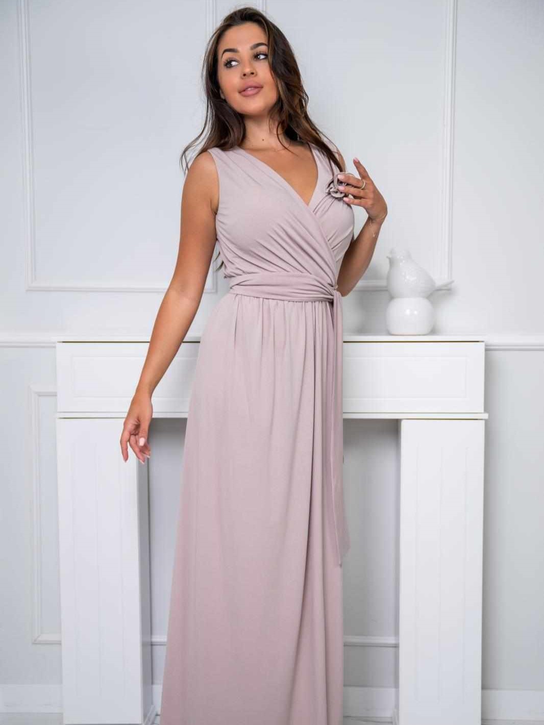 Sukienka Długa Atena Beżowa Brokatowa