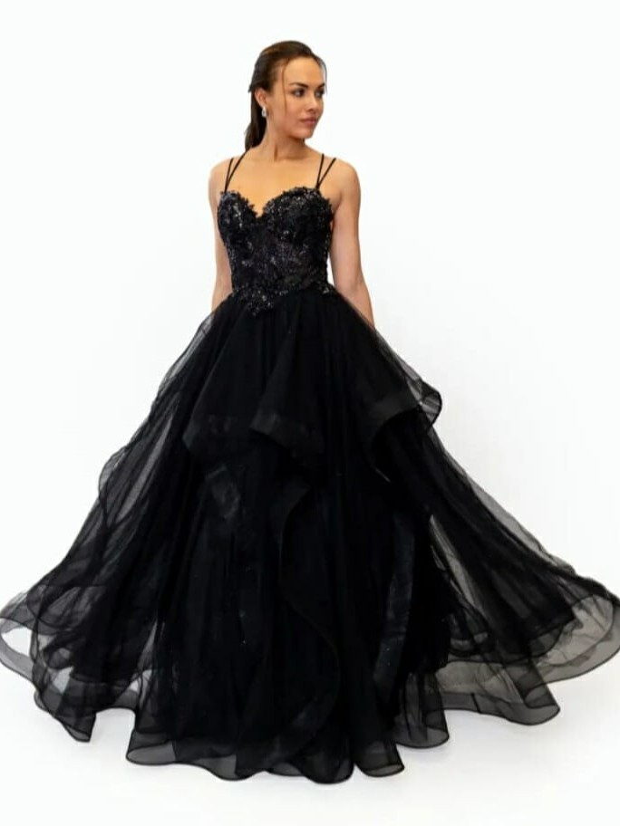 Suknia Maxi Tiulowa Zdobiona Klaresa Czarna