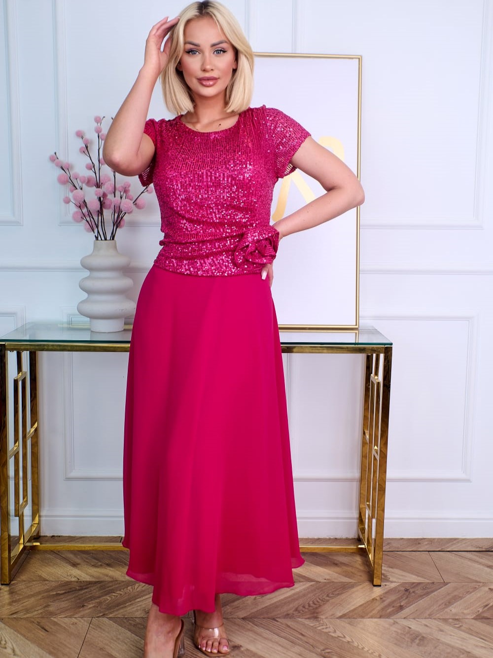 Sukienka Midi Z Cekinami Róża Malinowa