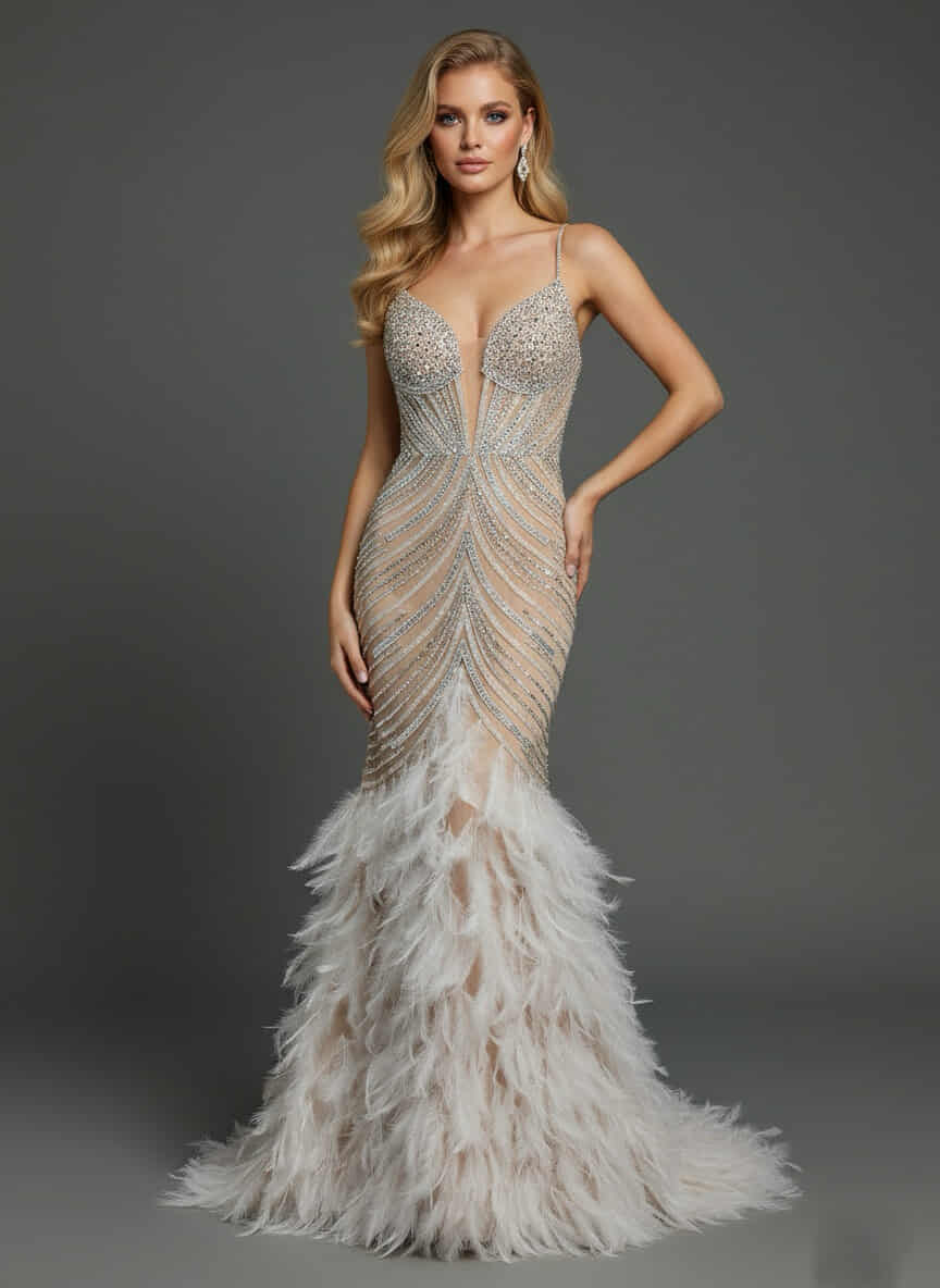 Sukienka Wieczorowa Premium Z Piórami Vestito Beżowa