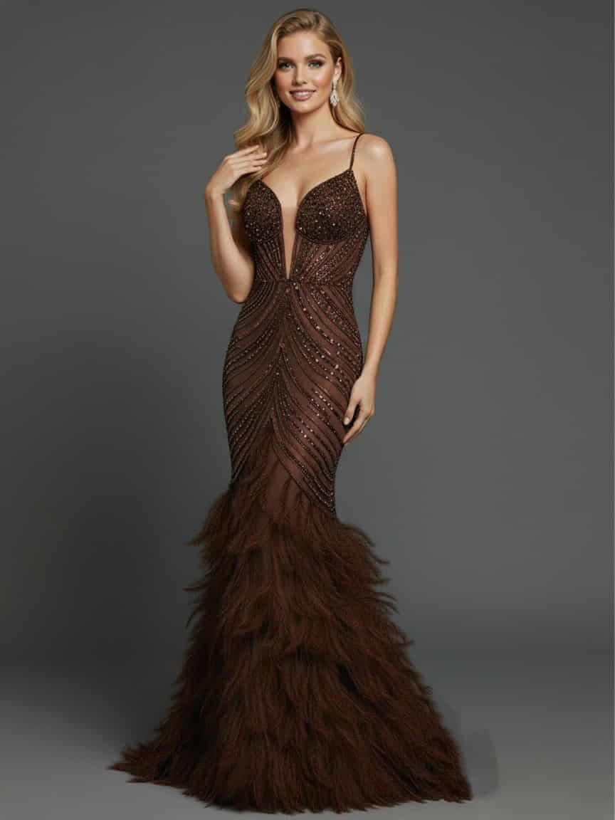 Sukienka Wieczorowa Premium Z Piórami Vestito Czekoladowa