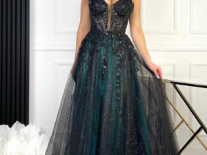 Sukienka Tiulowa Na Ramiączkach Fererro Czarna Z Zielenią<span> - </span>34/XS