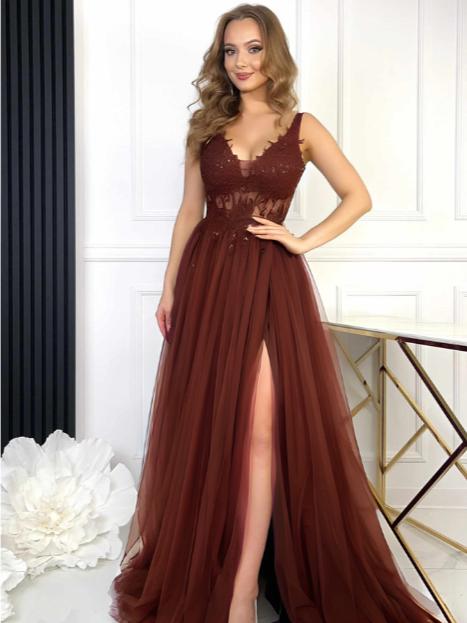 Sukienka Kylie Długa Tiulowa Czekoladowa 1 Sukienka Kylie Długa Tiulowa Czekoladowa