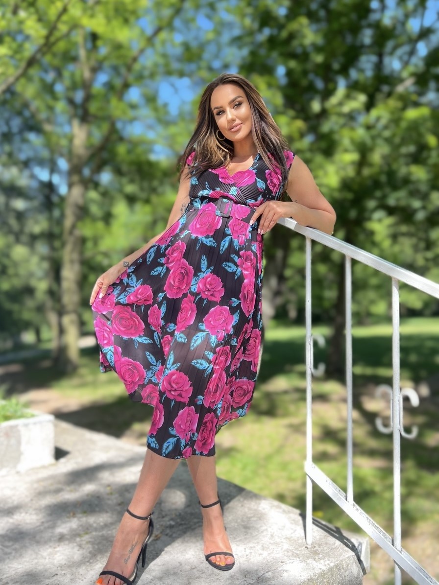 Sukienka Midi W Kwiaty Z Paskiem Cardin Czarna