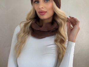 Komplet Alpaka Czapka Z Pomponem + Komin Czekoladowy