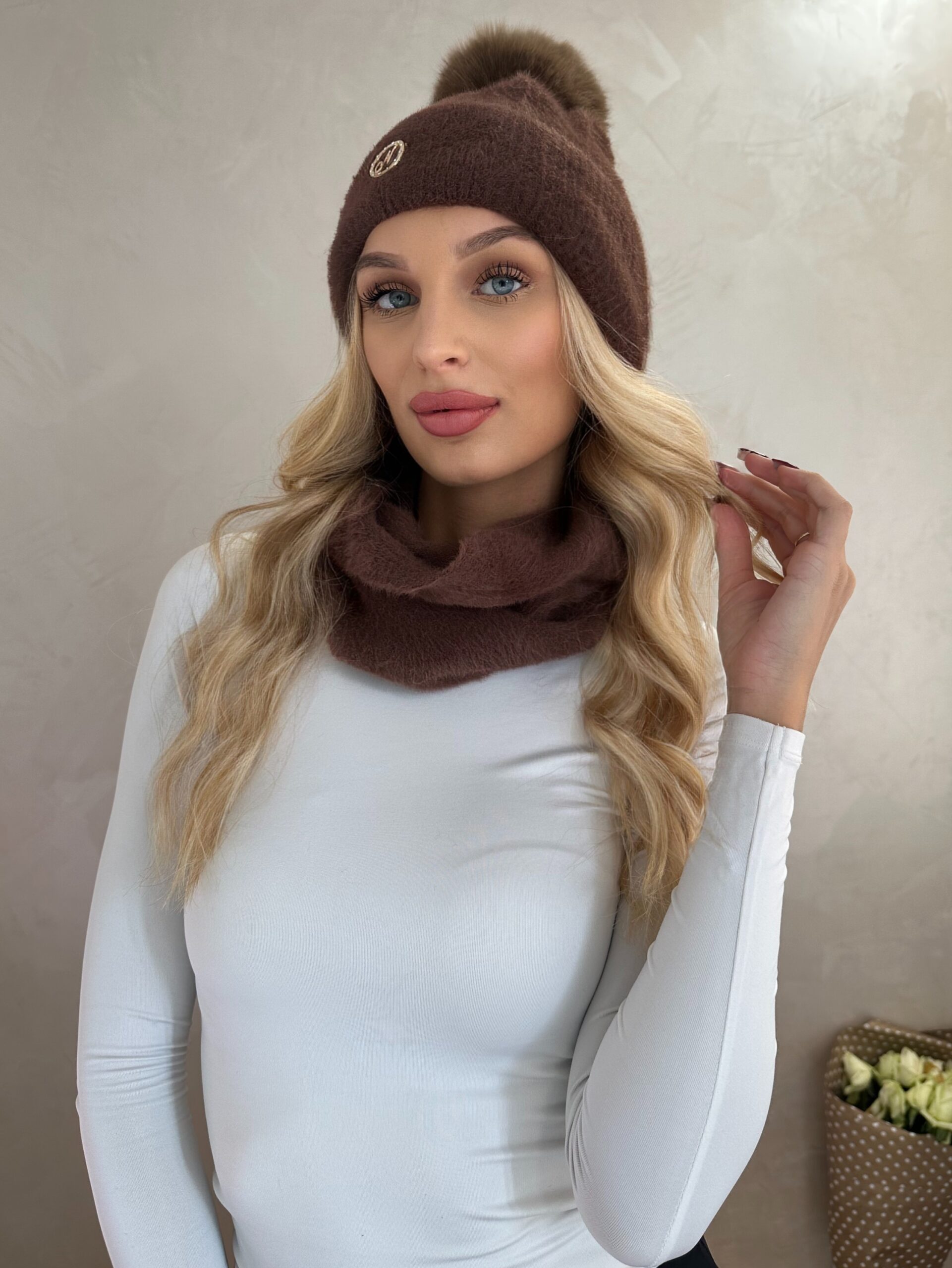 Komplet Alpaka Czapka Z Pomponem + Komin Czekoladowy