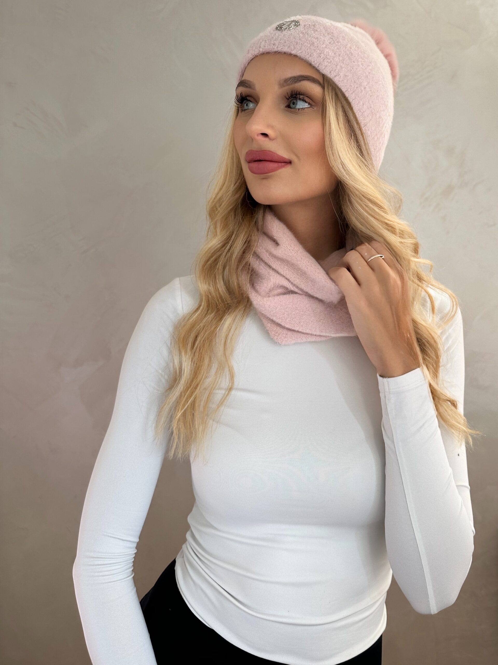 Komplet Alpaka Czapka Z Pomponem + Komin Jasny Róż